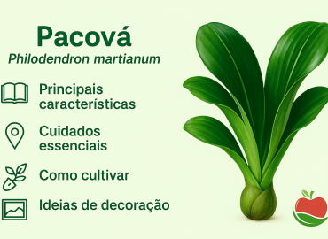 Infográfico sobre o Pacová destacando cuidados, cultivo, ambientes ideais e dicas de decoração