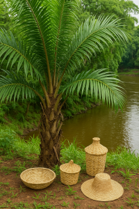 Palmeira-ráfia com cestos e chapéu de fibras naturais