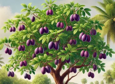Árvore de jamelão com frutos roxos em cenário tropical