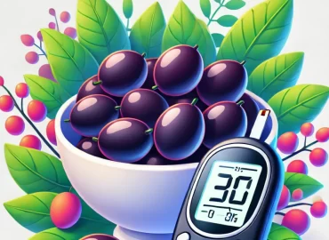 Jamelão roxo em destaque com medidor de glicose ao lado