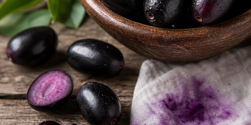 Frutas escuras com polpa roxa ao lado de tigela de madeira e tecido manchado